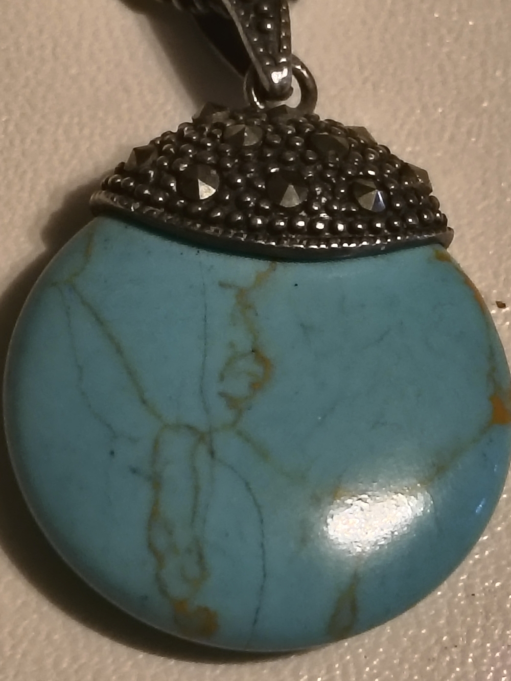 Vintage Turquoise And Marcasite Stone Pendant Necklace - Signed